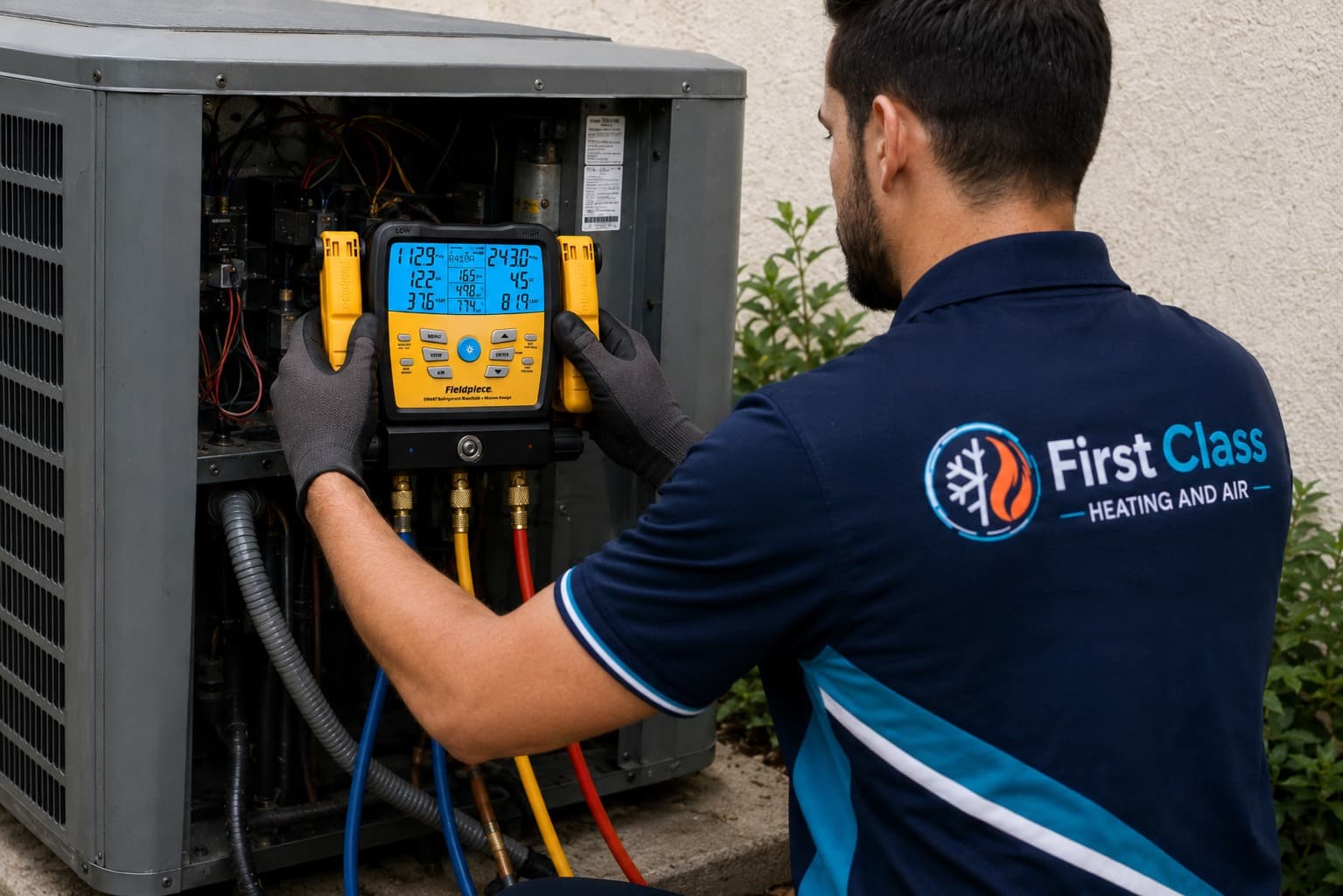 HVAC technician adjusting a refrigerant manifold gauge during AC service